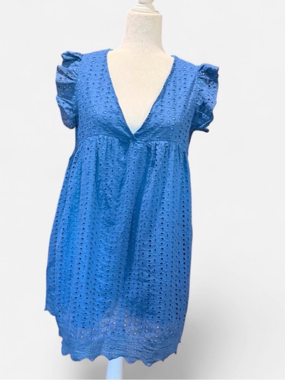 Blue Eyelet V-Neck Ruffle Sleeve Mini Babydoll Dress